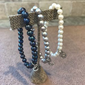 (SOLD)Set of 3 pearl stretch bracelets w charm dangles
